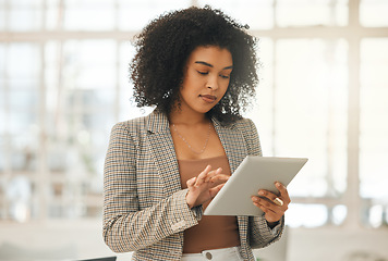 Image showing Online, tablet and business woman in office for social media, internet and networking. Digital, communication and creative with female employee for project management, website and technology