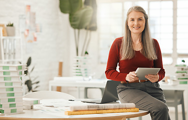 Image showing Architecture, tablet and portrait of senior woman in office for engineering, internet and buildings. Digital, construction and creative with designer for project management, website and technology