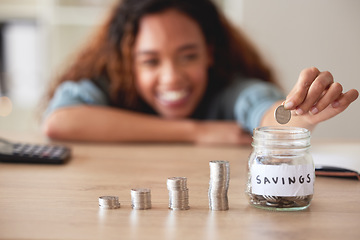 Image showing Woman, hand and money savings jar, finance and budget, future financial planning with investment and coins on table. Female person saving, economy with growth and development, cash in glass container