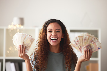 Image showing Happy woman with money in hands, savings and finance with success and celebrate financial goals. Budget, winning and wealth with cash fan, investment and female person winner with salary bonus