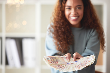 Image showing Happy woman with cash in hands, savings and finance with success and celebrate financial goals. Budget, winning and wealth with money fan, investment and female person winner with mockup space