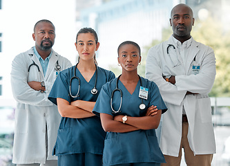 Image showing Hospital, teamwork and portrait of doctors with crossed arms for medical care, wellness and support. Healthcare, clinic and men and women health worker for cardiology service, consulting or insurance