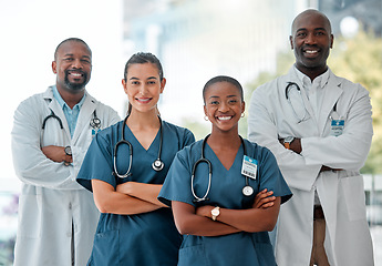 Image showing Healthcare, teamwork and portrait of doctors with crossed arms for medical care, wellness and support. Hospital, happy and men and women health worker for cardiology service, consulting and medicare