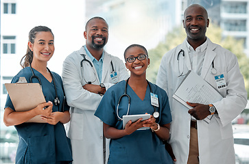 Image showing Hospital, teamwork and portrait of doctors with tablet and report for medical care, wellness and support. Healthcare, clinic and men and women workers for cardiology service, consulting or insurance