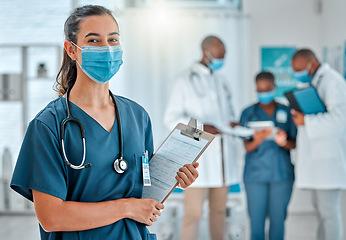 Image showing Hospital, doctor and portrait of woman with clipboard for medical report, results and medicine. Healthcare, clinic and female nurse with face mask, checklist and insurance information for consulting