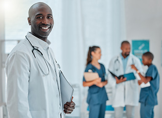 Image showing Hospital, doctor and portrait of black man with smile for medical care, wellness and support. Healthcare, clinic teamwork and face of happy male health worker for service, consulting and insurance