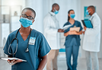 Image showing Healthcare, doctor and portrait of black woman with tablet for medical report, results and research. Hospital, clinic team and face of female health worker for online service, consulting and internet