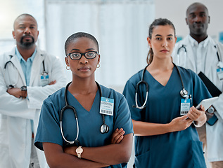 Image showing Hospital, teamwork and portrait of serious doctors with crossed arms for medical care, wellness and support. Healthcare, clinic and men and women workers for service, consulting and surgery in clinic