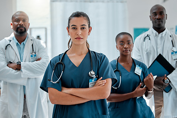 Image showing Hospital, serious team and portrait of doctors with crossed arms for medical care, wellness and support. Healthcare, clinic and men and women workers for cardiology service, consulting and insurance