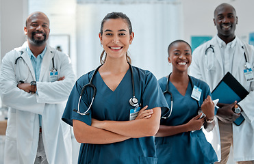 Image showing Teamwork, happy and portrait of doctors with crossed arms for medical care, wellness and support. Healthcare, hospital and men and women health workers for cardiology service, consulting or insurance