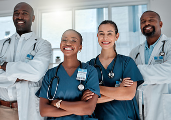 Image showing Group, doctors and portrait with arms crossed, smile and hospital teamwork with solidarity, women and men. Doctor, team and people with happiness, medical collaboration and healthcare in clinic job