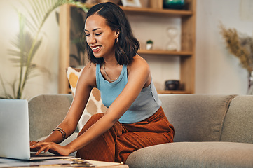 Image showing Laptop writing, young woman and working from home with a smile for website. Happy freelancer, living room sofa and female person with remote work on lounge couch and typing a blog post on a computer