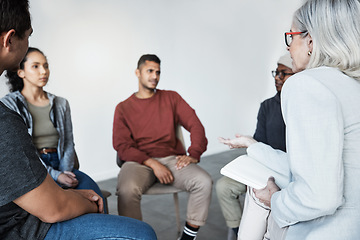 Image showing Counselling, psychologist and group of patients at a therapy session for mental health or depression. Community, diversity and people or friends in a circle talking to therapist at psychology center.