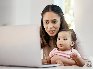 Image showing Smile, remote work and mother with baby and laptop, happy freelancer worker with online project in apartment. Working at home, woman and kid girl with happiness, internet and virtual job in kitchen.