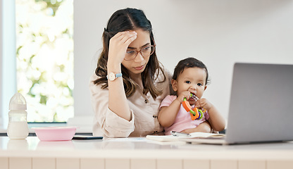 Image showing Stress, remote work and mother with baby, laptop and busy freelancer worker with online project and infant girl. Working from home, woman and child with headache, anxiety and burnout in virtual job