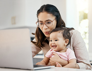 Image showing Remote work, happy woman and baby with laptop, glasses and freelance worker with online project in apartment. Working from home office, mother and girl child with internet search and virtual job.