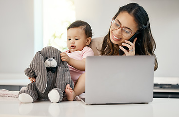 Image showing Phone call, remote work and happy woman with baby, laptop, freelancer with online project on maternity leave. Working from home office, mother and child with cellphone and computer at virtual job