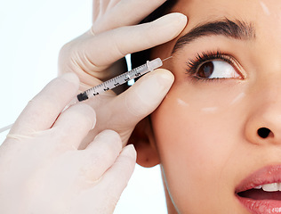 Image showing Woman, skincare and face injection for plastic surgery in studio isolated on white background. Facial, syringe and cosmetics of female model with collagen filler for dermatology, beauty or aesthetic.