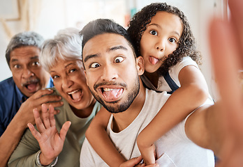 Image showing Happy family, portrait and silly face selfie for social media, vlog or funny online post at home. Grandparents, father and child with goofy expression for photo, memory or profile picture together