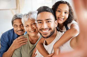 Image showing Happy family, portrait and smile of selfie in hug for social media, vlog or online post at home. Grandparents, father or face of child smiling for embrace of photo, memory or profile picture together