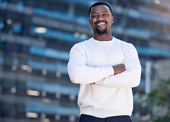 Image showing City, happy and portrait of a black man with arms crossed for work, creative expert and happiness. Smile, graphic designer and an African businessman in an urban town with confidence and proud