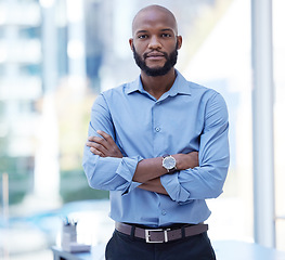 Image showing Black man, business expert and portrait with company serious and arms crossed in office. Worker, boss and African male person with corporate career confidence and professional ready for ceo work