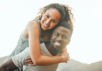 Image showing Couple outdoor, happy in portrait with piggyback and fitness, interracial people smile and train together. Mockup space, health and black man with woman, trust in relationship and exercise in nature