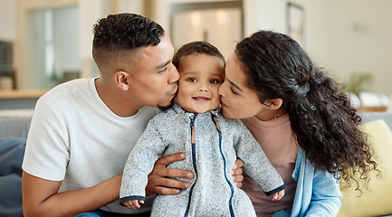 Image showing Family, kiss and portrait of baby in home living room, bonding and having fun in house. Father, mother and kissing face of newborn on sofa for love, care and affection, happiness and smile together.