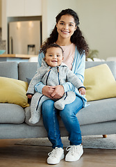 Image showing Smile, portrait and mother with baby in living room home, bonding or having fun in house. Mom, newborn and face of happy child on sofa to relax, care or enjoying family time together with happiness.