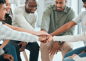 Image showing Hands stack, office and support with smile, care and together with solidarity, advice and empathy at job. People, friends and helping hand for teamwork, diversity or community with trust in friends