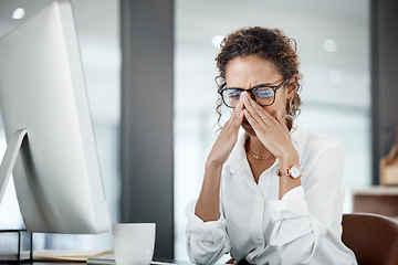 Image showing Business woman with headache, stress and fatigue with pain, mental health and crisis at office. Problem in workplace, mistake and female employee is frustrated with migraine and corporate burnout