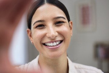 Image showing Woman, selfie and happiness at apartment for portrait profile picture on internet in the morning. Female person, closeup and photo with a smile at a house for a post on the internet for networking.