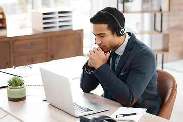 Image showing Call center, thinking and laptop with business man in office for contact us, communication and customer service. Networking, technology and advice with employee for help desk and technical support