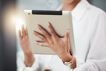 Image showing Tablet, hands and accountant in office, research and working on project online. Technology, professional and female entrepreneur, auditor or person on website for accounting, email and business app.