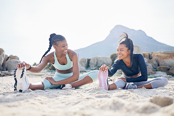 Image showing Stretching, running and friends with women at beach for fitness, yoga and workout. Relax, health and wellness with female runner and warm up in nature for training, teamwork and cardio performance