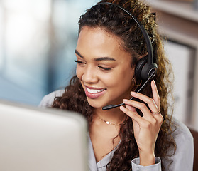 Image showing Young woman, call center and listening with computer, microphone or smile for telemarketing job. Happy female consultant, face and headphones for customer service, technical support and crm at agency