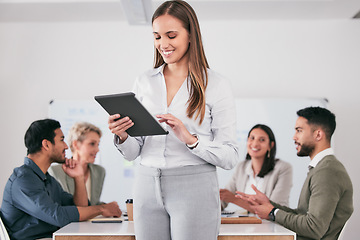 Image showing Tablet, typing and business meeting of woman manager with employees engagement, b2b planning and schedule app. Leadership, management and happy person with digital technology or paperless in office