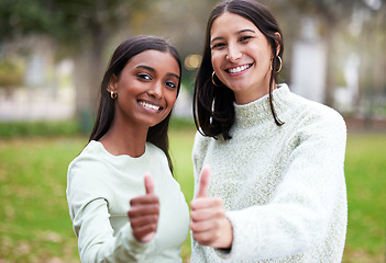 Image showing Young women, thumbs up and university students happy for education or yes for academic study or success portrait and on mock up. Agreement, female scholars and smile or achieve in new york campus