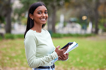 Image showing Campus, smartphone and happy woman or student portrait for university or feedback and school results outdoors. College, mobile and young girl for scholarship application or smile or study information