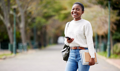 Image showing Portrait, phone and mockup with a student black woman on her commute to university campus for education. Mobile, social media and books with a female college pupil checking for her next lecture