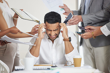 Image showing Business, stress and man with a headache, multitasking and anxiety with documents, deadline and demand. Male person, consultant and employee with a migraine, overworked or burnout with depression