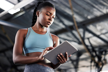 Image showing Black woman, planning or personal trainer with a tablet for fitness training, workout or sports exercise. Progress results, digital technology app or gym instructor typing an online coaching schedule