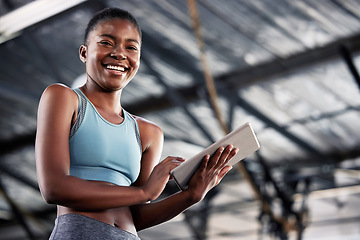 Image showing Black woman, portrait or personal trainer with a tablet for fitness training, workout or sports exercise. Results, digital technology app or happy gym instructor planning a online coaching schedule