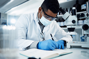 Image showing Man, scientist and writing for science research, discovery or breakthrough information and notes at lab. Male person or medical professional with notebook for scientific data or results in laboratory