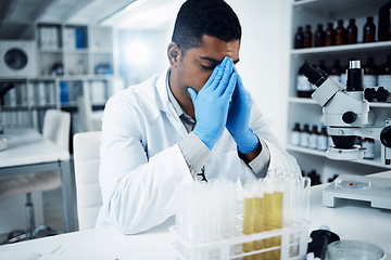 Image showing Laboratory, stress and man scientist with headache working in science, frustrated or crisis. Research, fail and male healthcare expert with migraine, anxiety and mistake, burnout or depression in lab