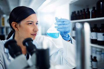 Image showing Research, liquid and woman scientist in laboratory with medical, sample and analysis. Healthcare, medicine and lady expert in lab with fluid for vaccine, cure or futuristic, innovation or solution