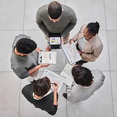 Image showing Tablet, documents or business people in meeting for stats, audit report or financial statement in company. Above, teamwork or employees with portfolio, notes or paperwork, logistics or data analysis