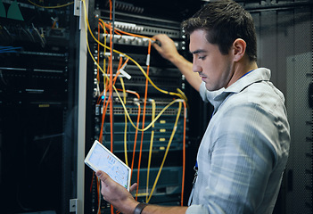 Image showing Server room, engineer and man working with a tablet for programming, cybersecurity or cable maintenance. Technician person in a datacenter for network, software or system upgrade with technology app