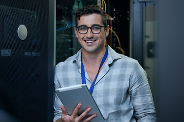 Image showing Engineer, server room and portrait of a man with a tablet for programming, cybersecurity or maintenance. Technician person in a datacenter for network, software or system upgrade app with technology