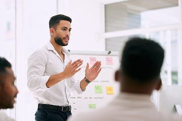 Image showing Presentation, speaking and business people with mentor in meeting for career planning, ideas and team mission. Presenter, man or leader talking to employees, brainstorming and training on whiteboard